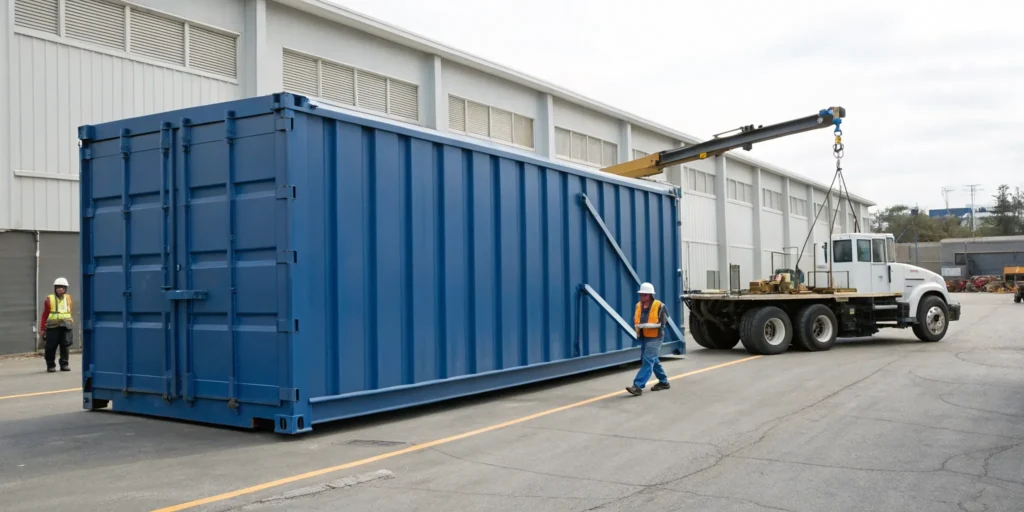 Large blue roll-off container for junk removal being delivered by a truck.