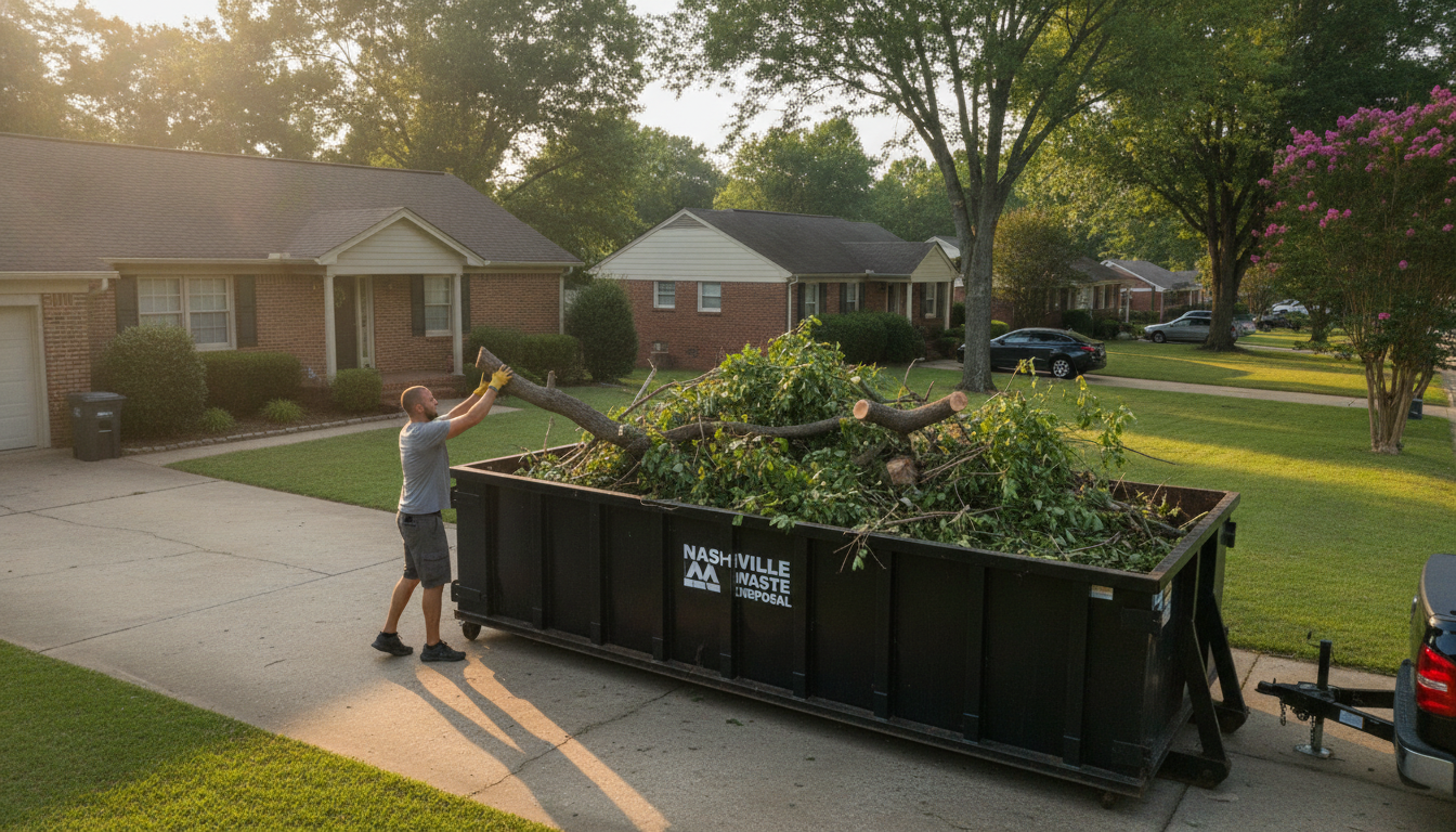Homeowner loading yard waste into rental dumpster in Nashville