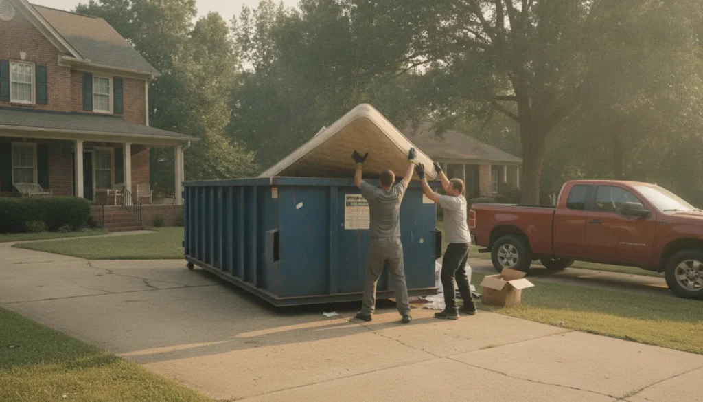 Workers preparing an old mattress for removal in Nashville