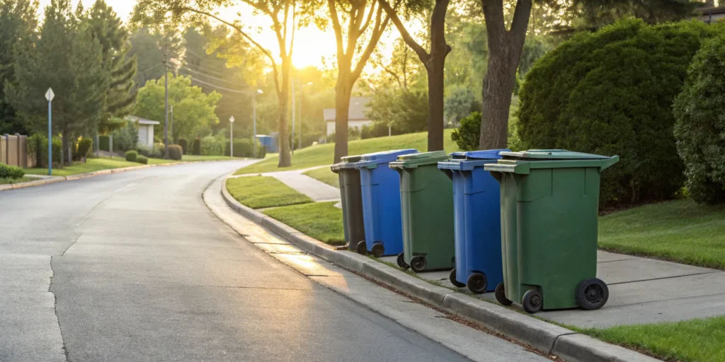 Residential trash bins lined up on a North Davidson street for weekly pick up.