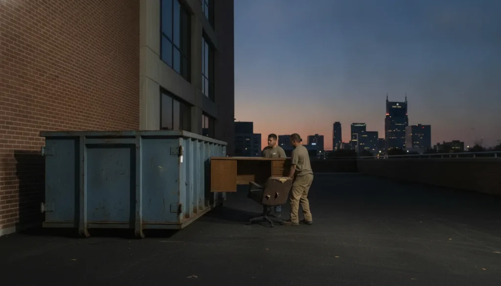 Workers moving office furniture beside a roll-off dumpster in Nashville