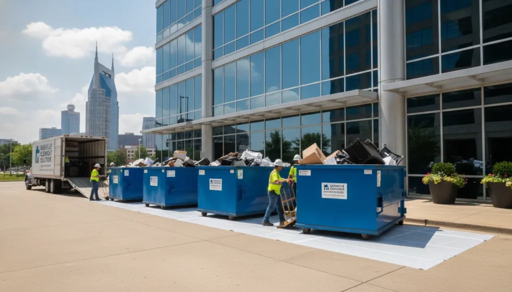 Professional office cleanout in Nashville featuring roll-off dumpsters and commercial waste management