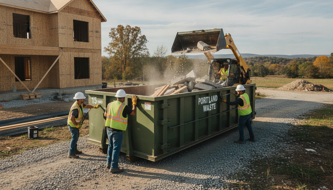 Workers loading construction debris into a dumpster in Portland, Tennessee