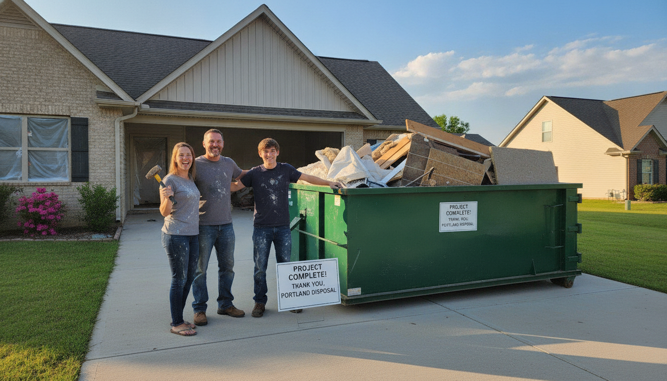 Family using a driveway-friendly dumpster for a Portland home cleanout