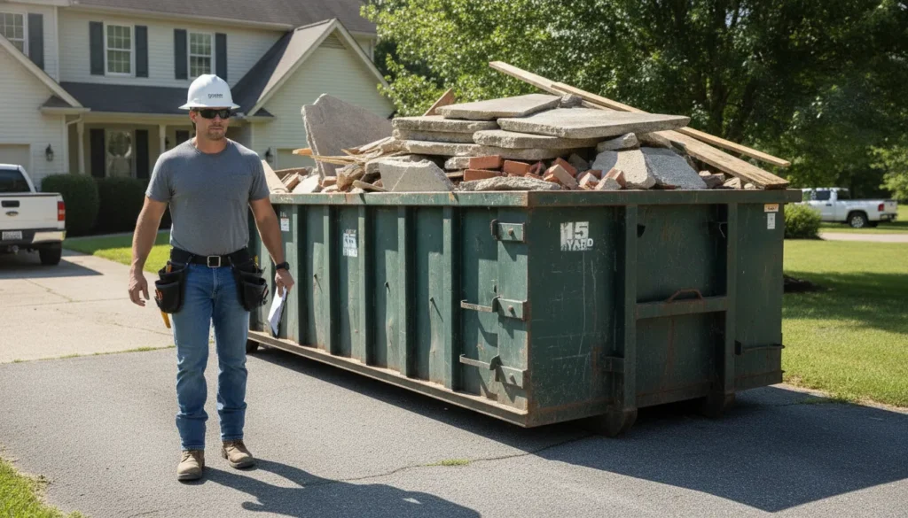 Contractor with a driveway-friendly 15-yard roll-off dumpster filled with construction debris in Nashville