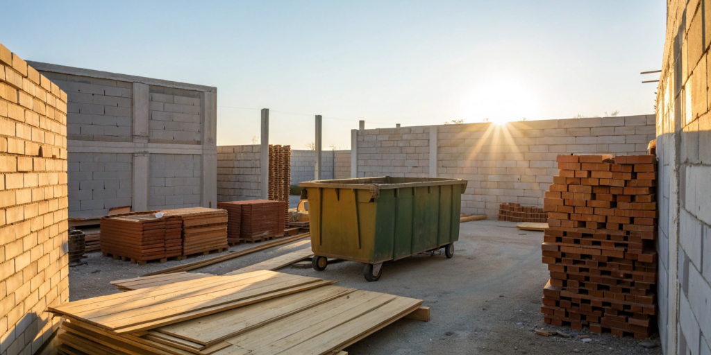 A 15 yard dumpster rental on a job site, ready for construction debris.