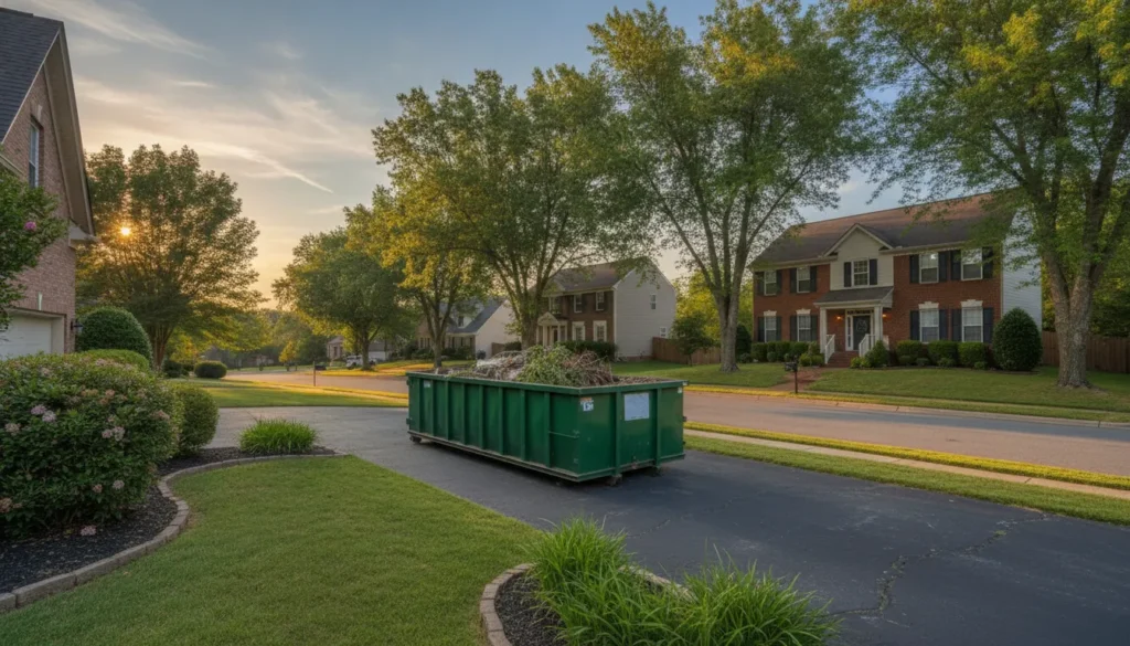 15-yard dumpster parked on a Nashville residential driveway in front of a suburban home