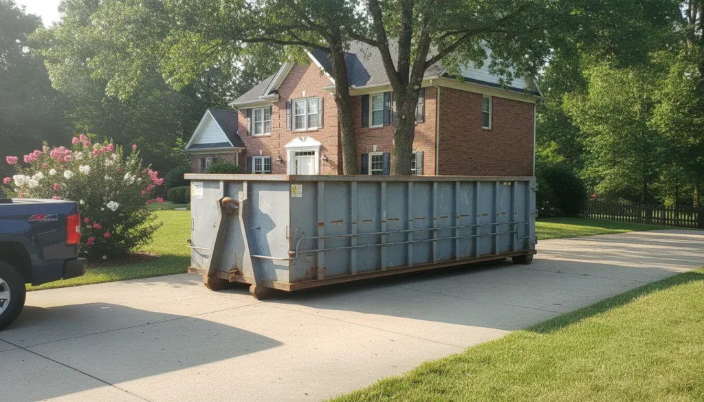 Roll-off dumpster in a Bowling Green residential driveway