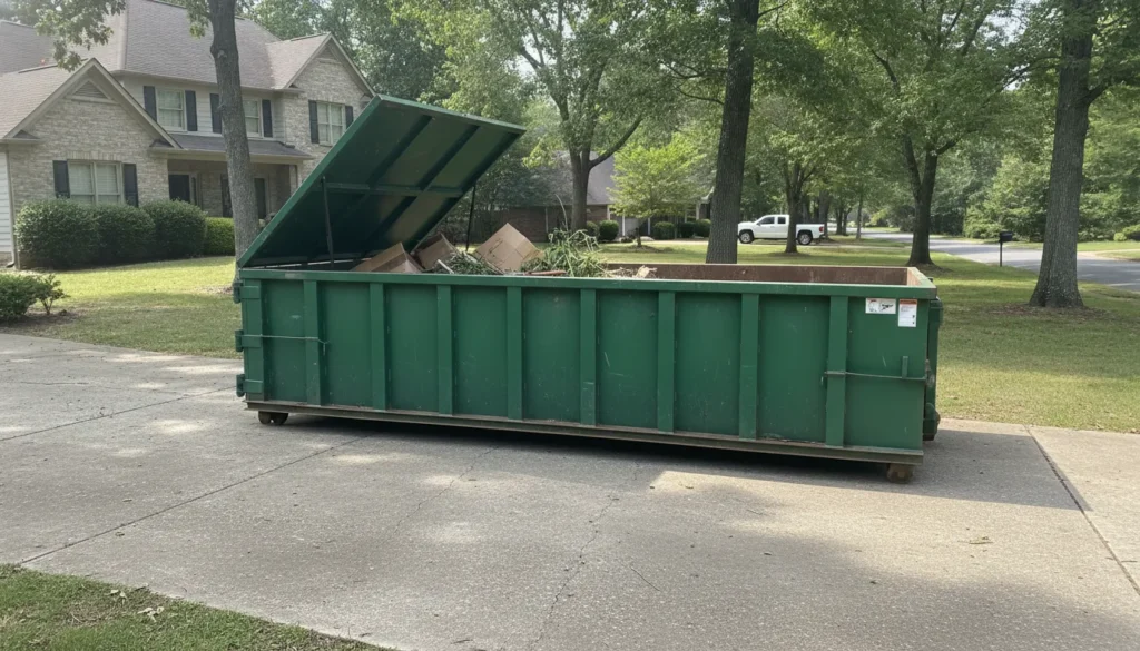 15-yard roll-off dumpster rental sitting on a residential driveway in a Nashville neighborhood