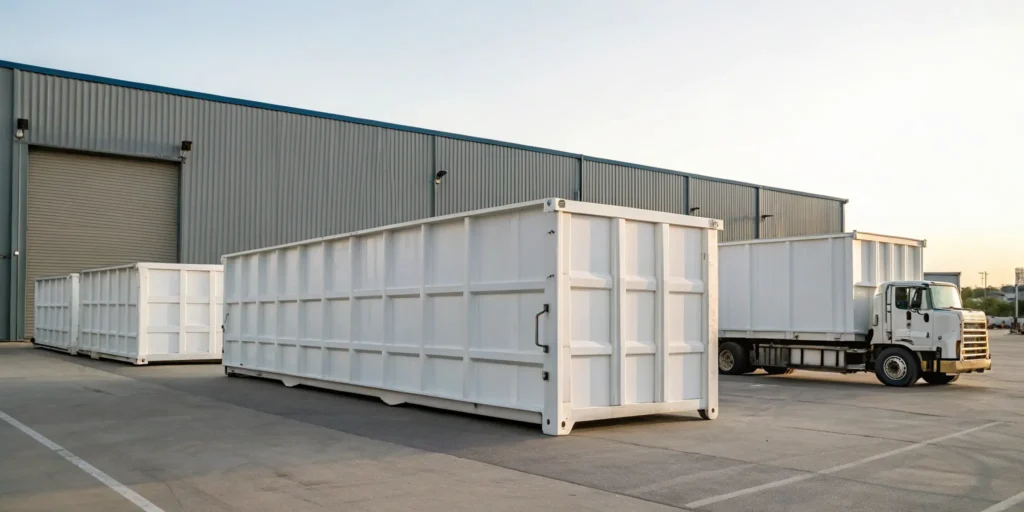 A roll off dumpster rental truck with various sizes that determine rental prices.