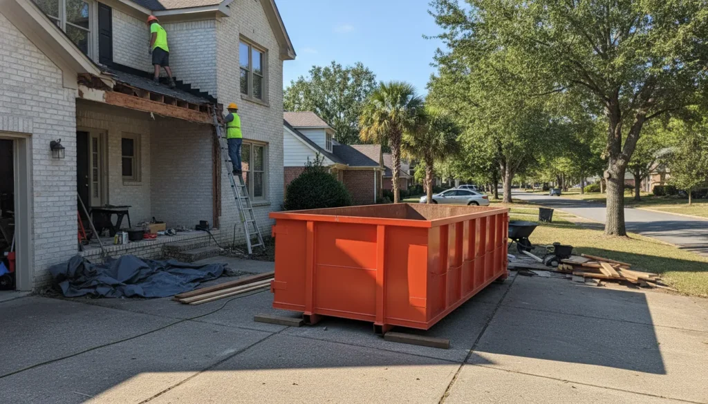 Orange roll-off dumpster sitting on a residential driveway next to a home renovation project in a Nashville neighborhood