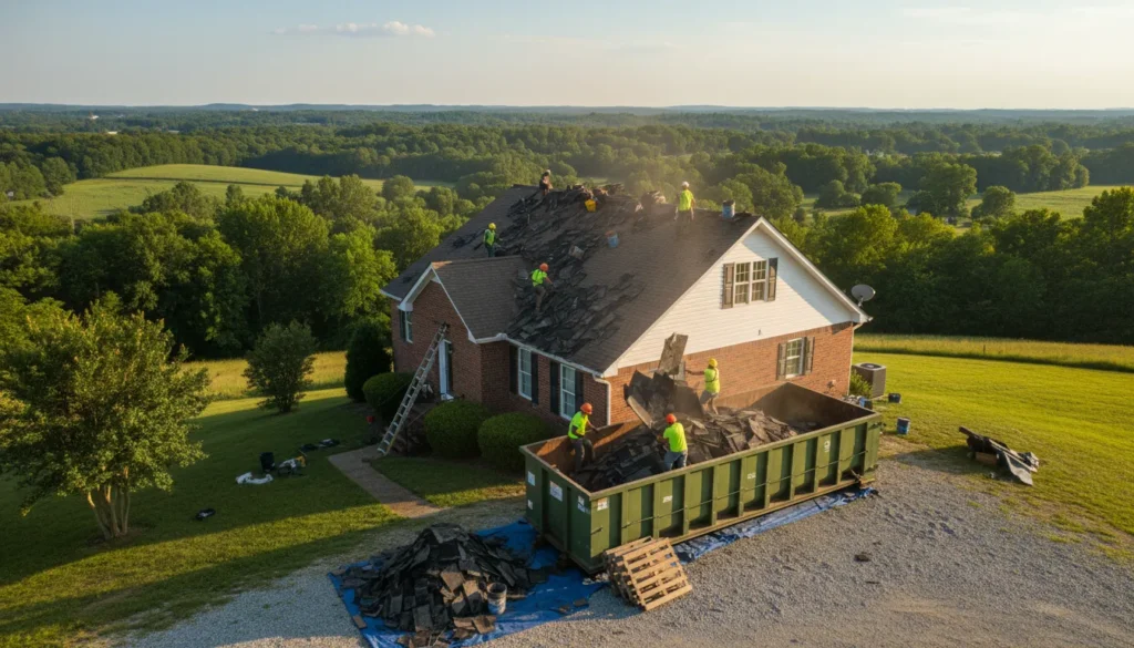 Roofing crew loading shingles into a roll-off dumpster