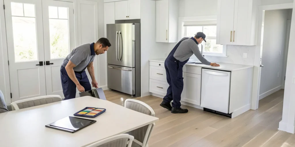 The cost of same day appliance removal with workers removing a refrigerator.