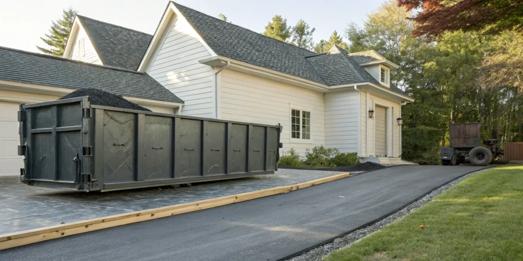 A rental disposal bin filled with old shingles for a roof replacement.