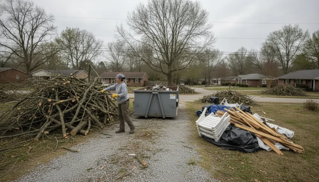 Nashville homeowner sorting branches and household storm debris beside a roll-off dumpster