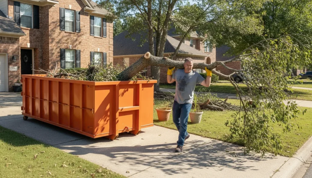 Homeowner in work gloves carrying a storm debris branch toward a driveway-friendly roll-off dumpster in Nashville
