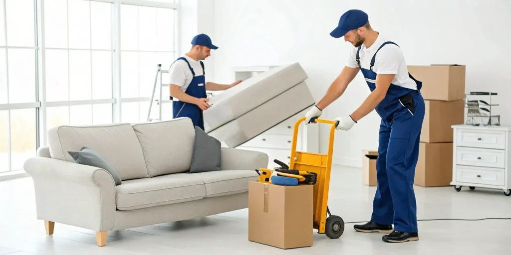 Professional movers removing old furniture from a living room.