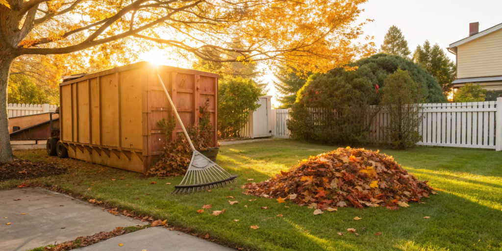 A yard waste dumpster rental in a backyard with fall leaves and a rake.