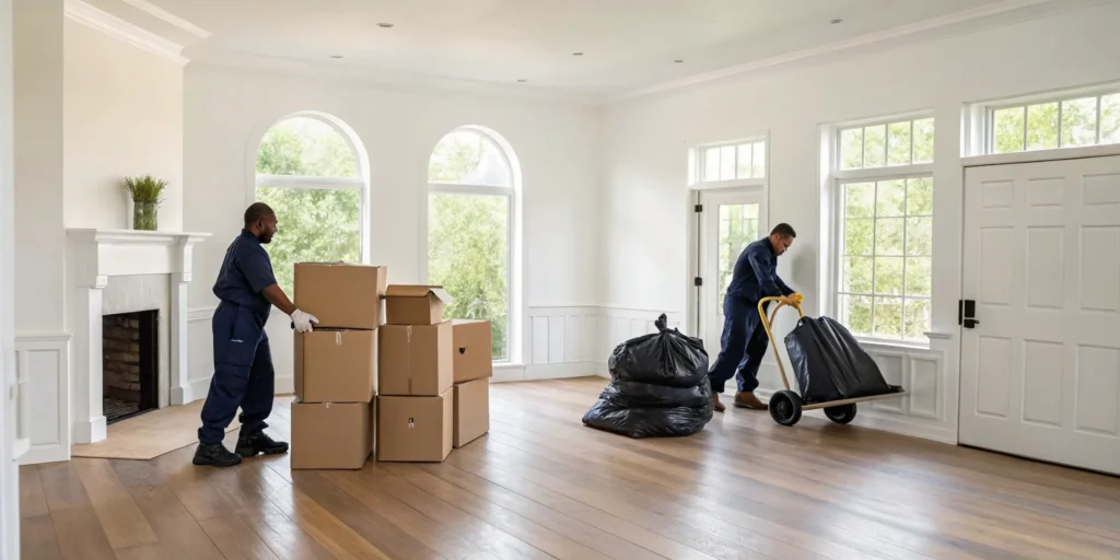 Foreclosure cleanout company clearing trash and boxes from a vacant property.
