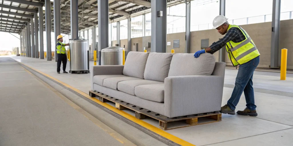 Workers at the dump getting rid of a couch, a main factor in its disposal cost.