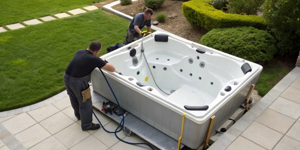 Professional workers removing a hot tub, a key factor in the final cost.