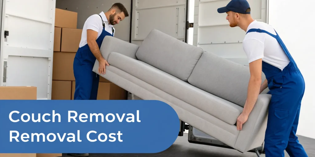 Professional movers loading a couch onto a truck, a key part of couch removal cost.