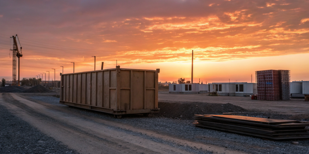 A large construction waste bin on a job site for project debris.