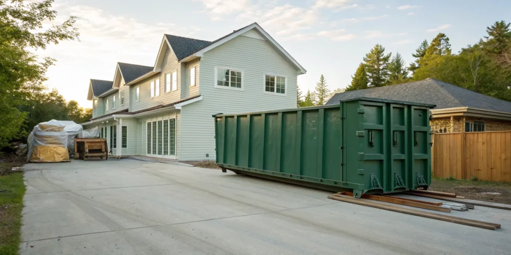 A home renovation dumpster rental on a residential driveway.