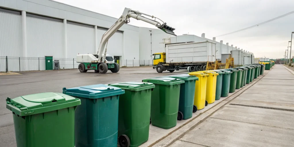 Commercial waste removal services with large bins for business disposal.
