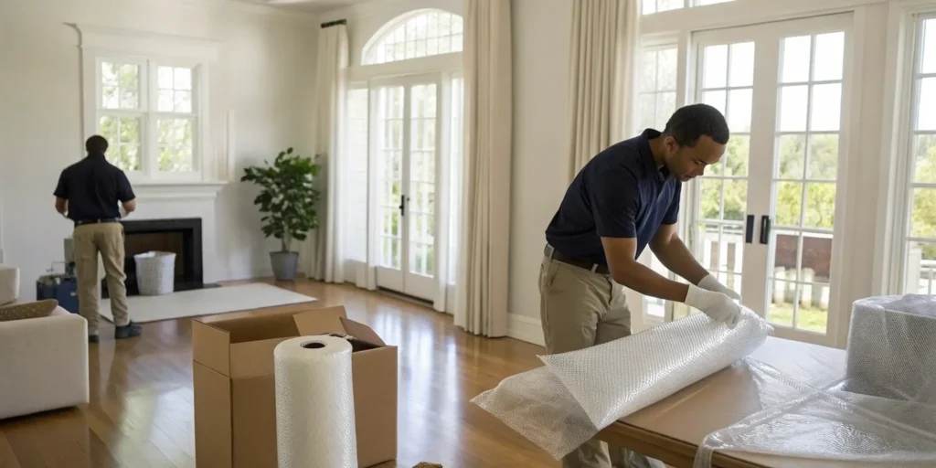 Estate cleanout company professionals sorting and packing belongings in a home.