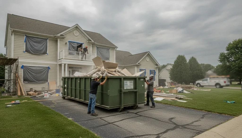 15-yard roll-off dumpster in a residential driveway during a home renovation