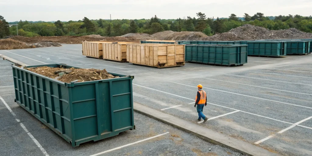 Multiple dumpsters of various sizes for construction waste.