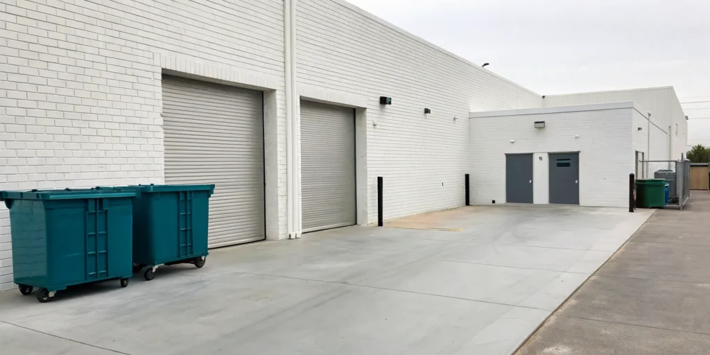 Different size commercial dumpsters outside a small business.