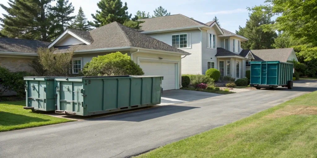 Various size dumpsters on a driveway for yard cleanup.