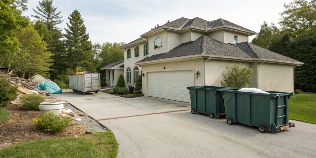 A row of various size dumpsters to help choose what size is needed for a bathroom remodel.
