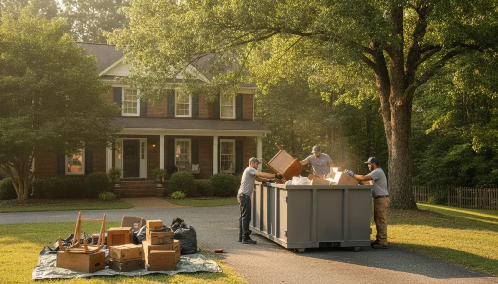 Junk removal crew sorting household debris beside a driveway-friendly roll-off dumpster