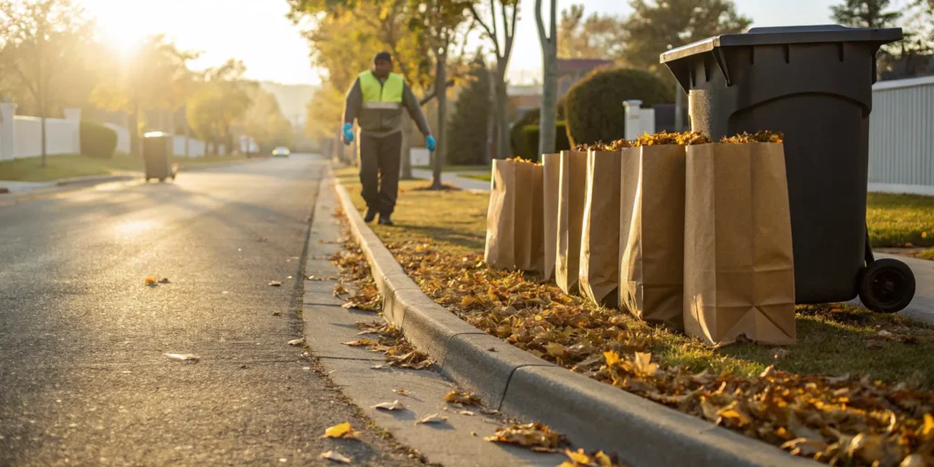 Full leaf bags waiting for trash pick up on the curb.