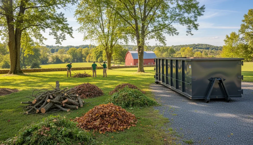 Yard waste dumpster rental beside landscaping debris