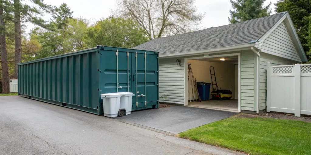 A 15 yard dumpster in a driveway for a garage cleanout.