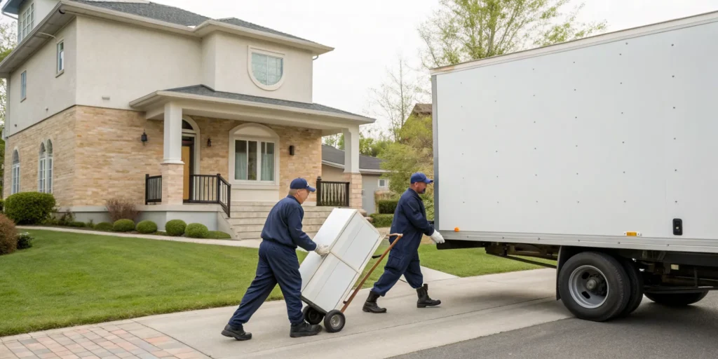 Junk removal service hauling an old refrigerator for eco-friendly disposal.