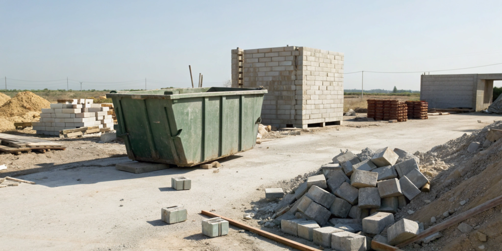 Rental dumpster for concrete loaded with broken concrete and construction debris.