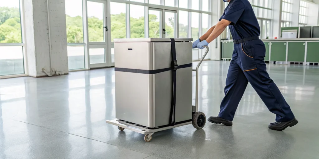 A professional using a dolly for safe small refrigerator disposal.